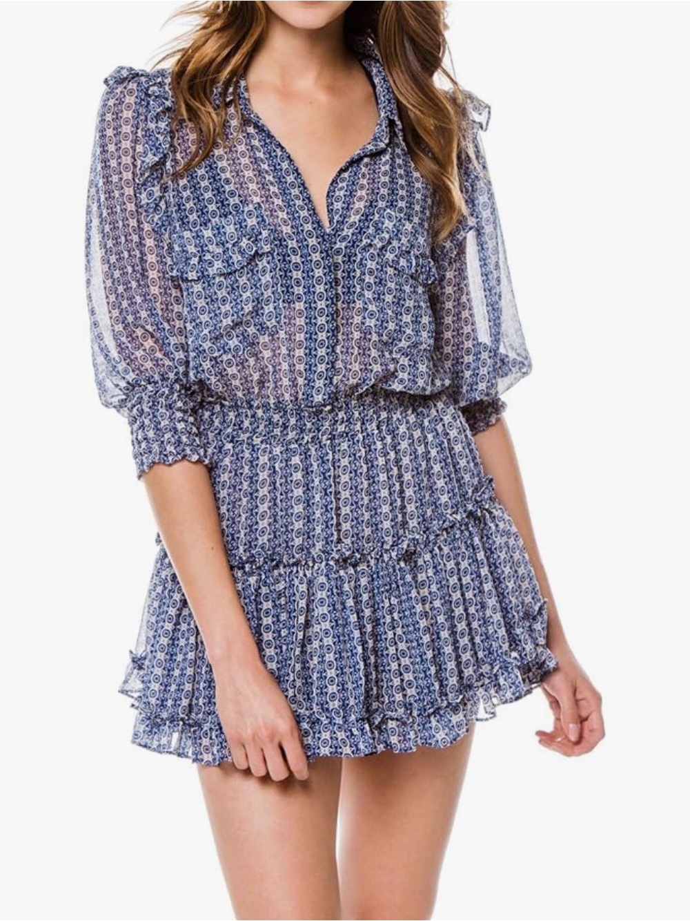 MISA Los Angeles blue multi patterned ruffled smocked georgette Lillian Dress Sm